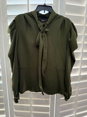Olive Tie-Neck Puff Sleeve Blouse
